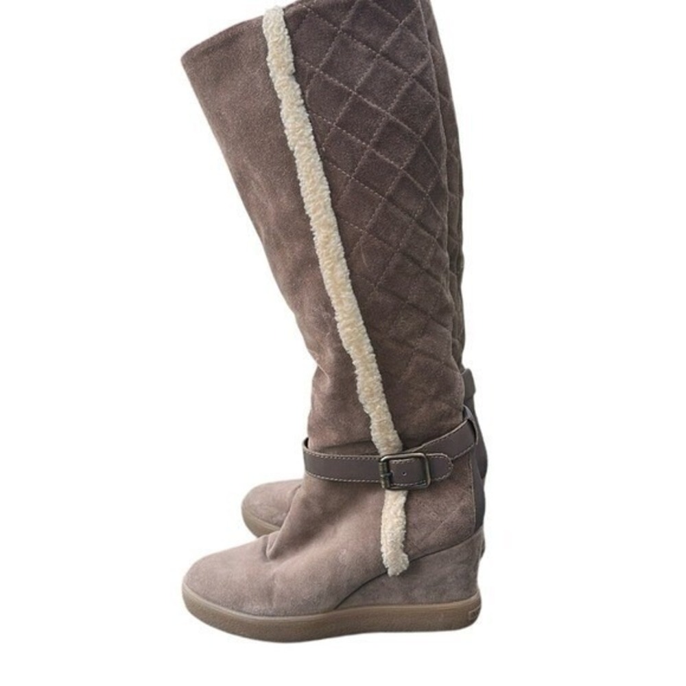 AQUATALIA Callie Faux Fur Trim Shearling Suede Tan Riding Wedge‎ Boots Size 7.5